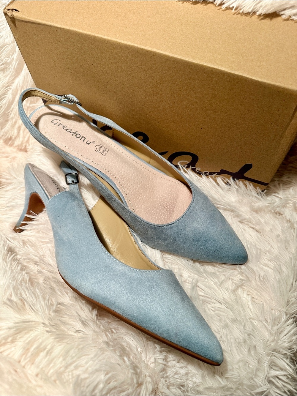 Greatonu Baby Blue Pointed-Toe Slingback Kitten Heels Shoes Size 9